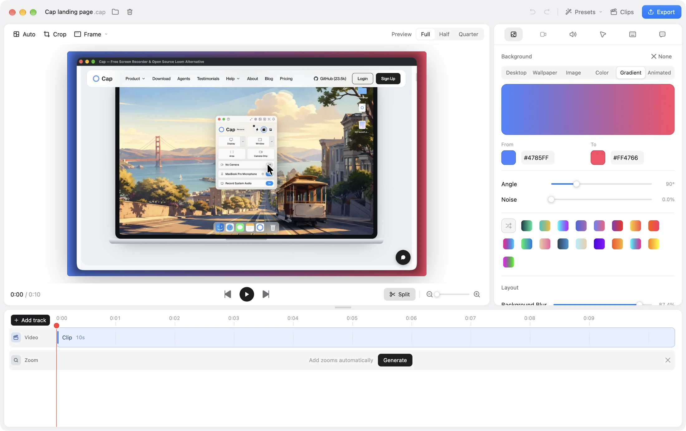 The Cap 0.6.1 editor, with a recording of the Cap website on a gradient background, the background settings on the right and the timeline below