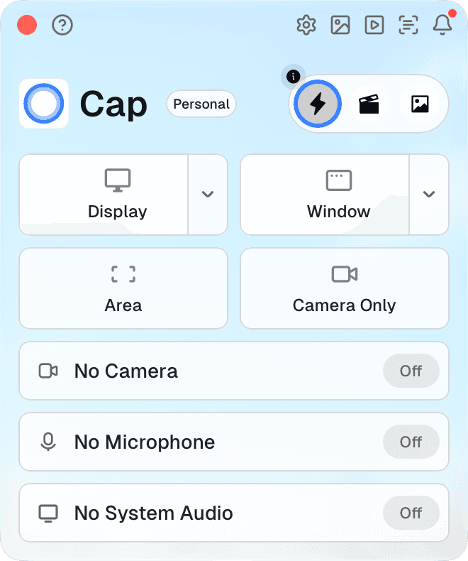 Cap's main window in 0.6.0, built with Tauri