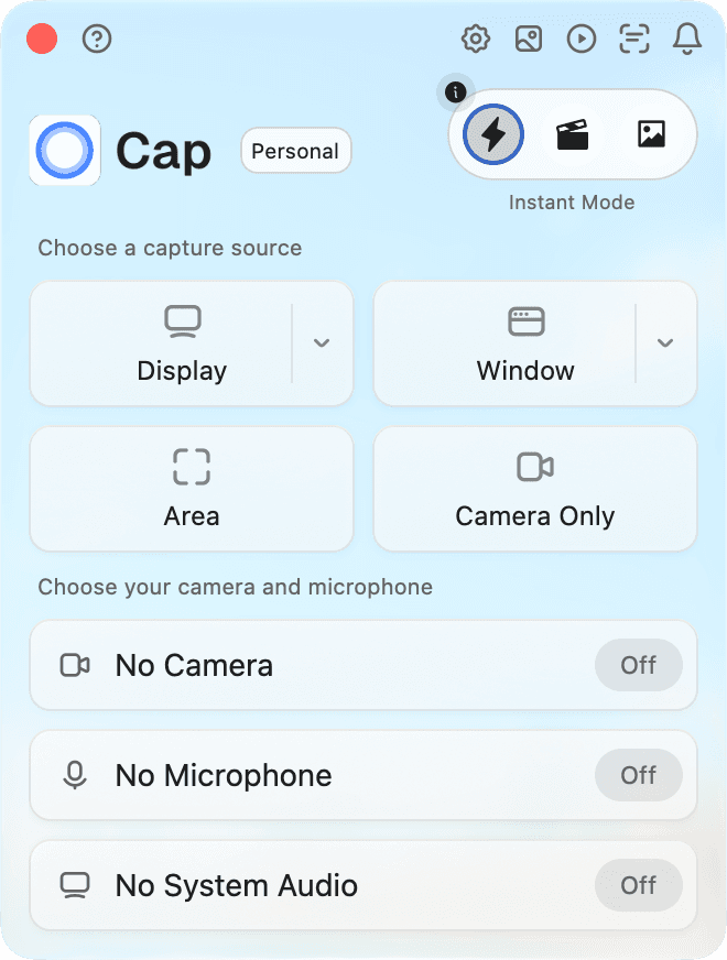 Cap's main window in 0.6.1, built with GPUI