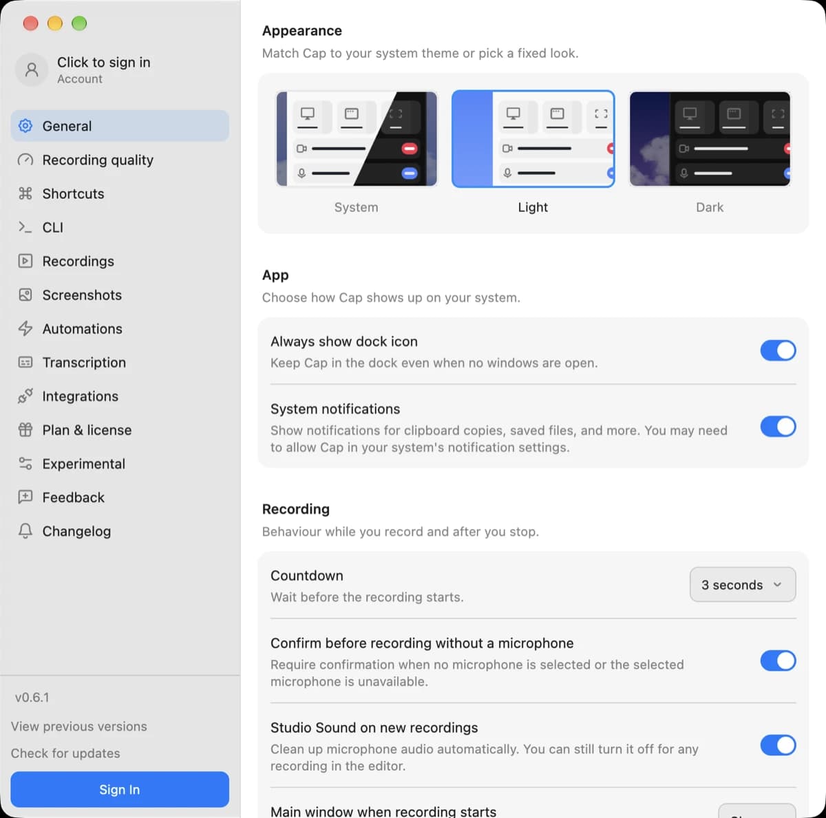 The General page of Cap 0.6.1's settings, with the appearance picker, toggles and a countdown menu